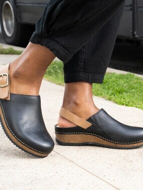 Dansko Black and Tan Leather Clogs